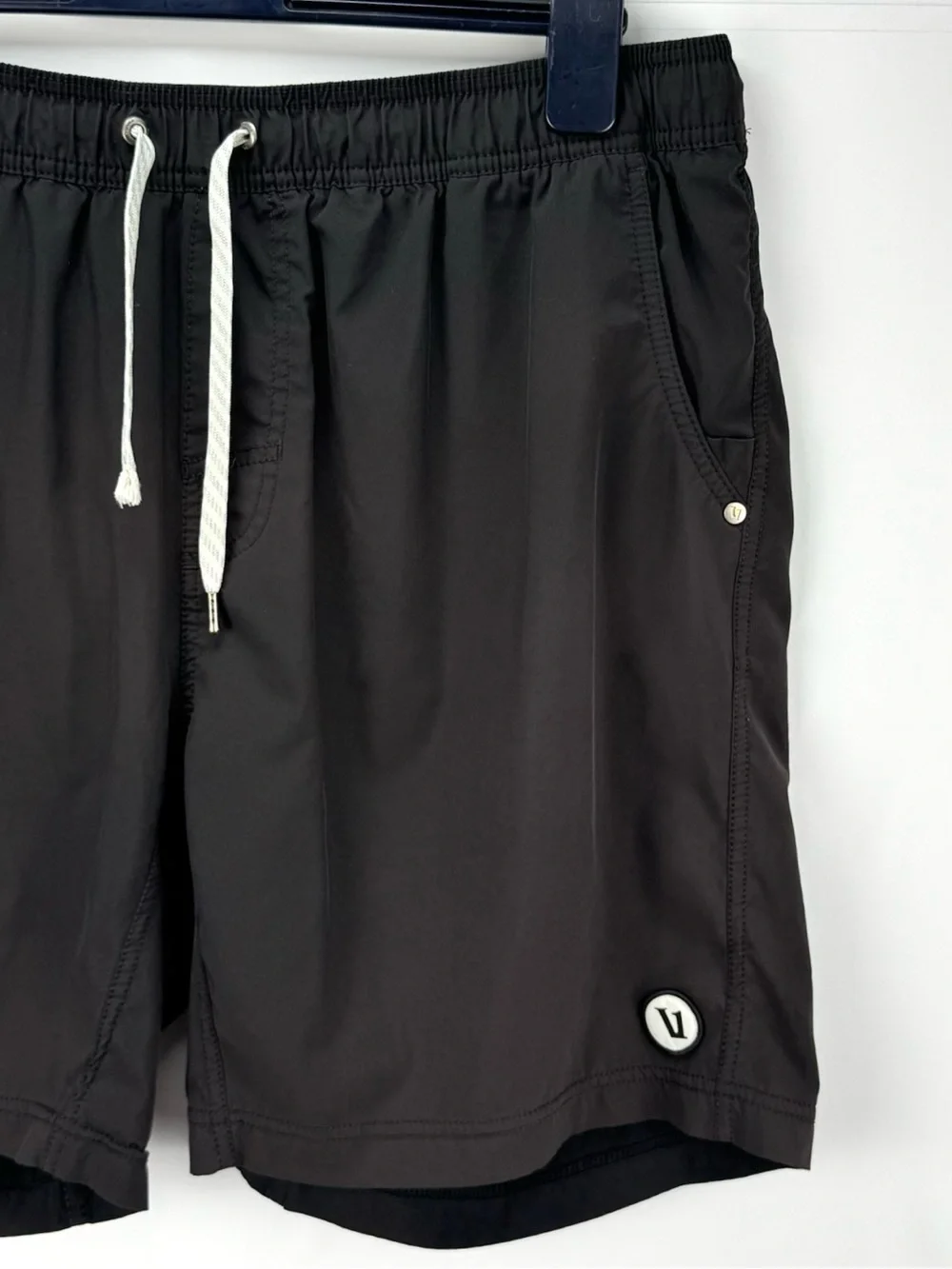 Vuori Men's Kore Black Athletic Shorts with White Drawstring - Lined
